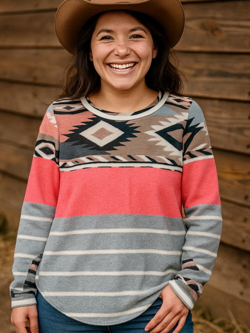 7th Ray Pink Tribal Knit Crew Neck Sweater Lightweight Soft Dopamine Western SM